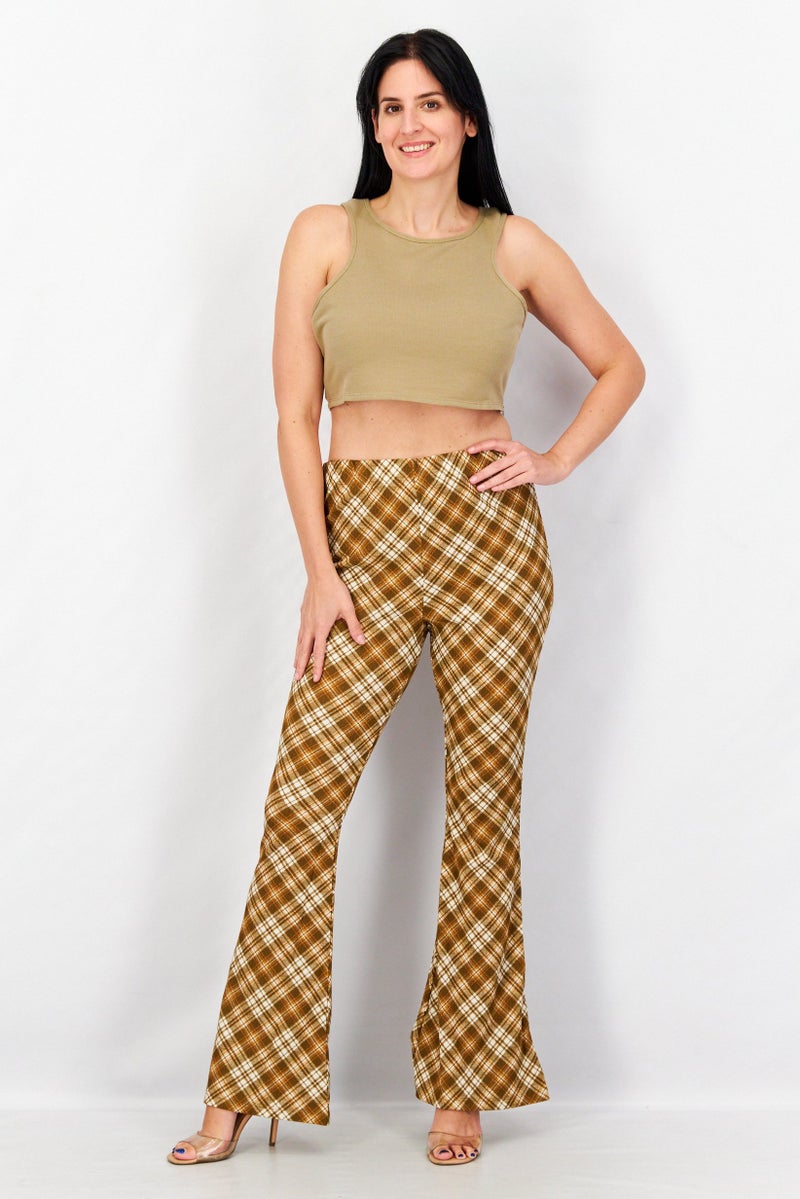 TOPSHOP Women Checkered Pull On Flare Pants, Brown - Image 2